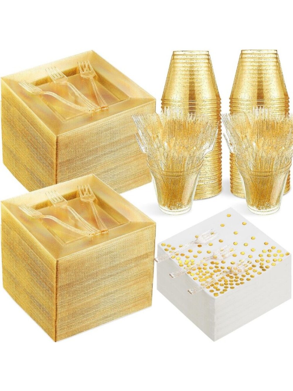 400 Pcs Glitter Disposable Dinnerware Set for 100 Guests - Plates, Cups, Forks